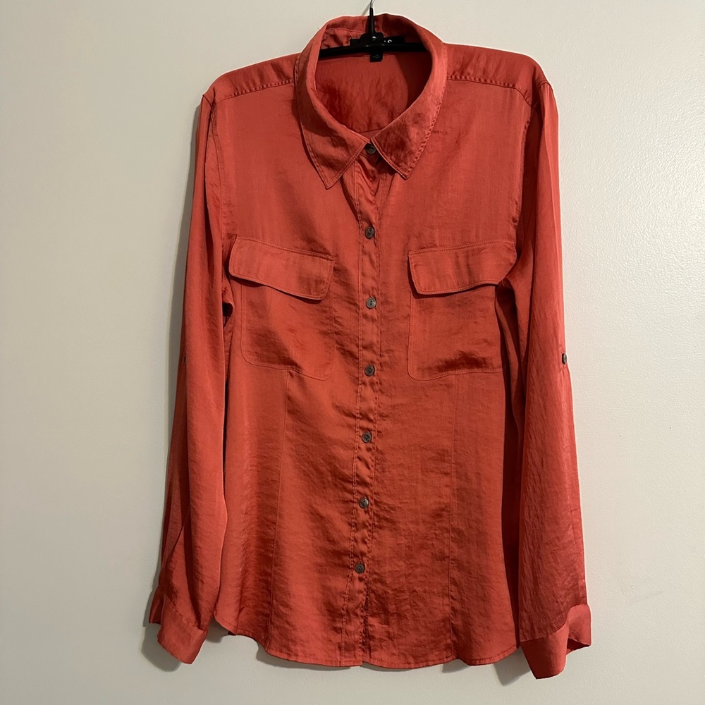 Chaus Coral Button Down Long Sleeve Camp Shirt, Size 10